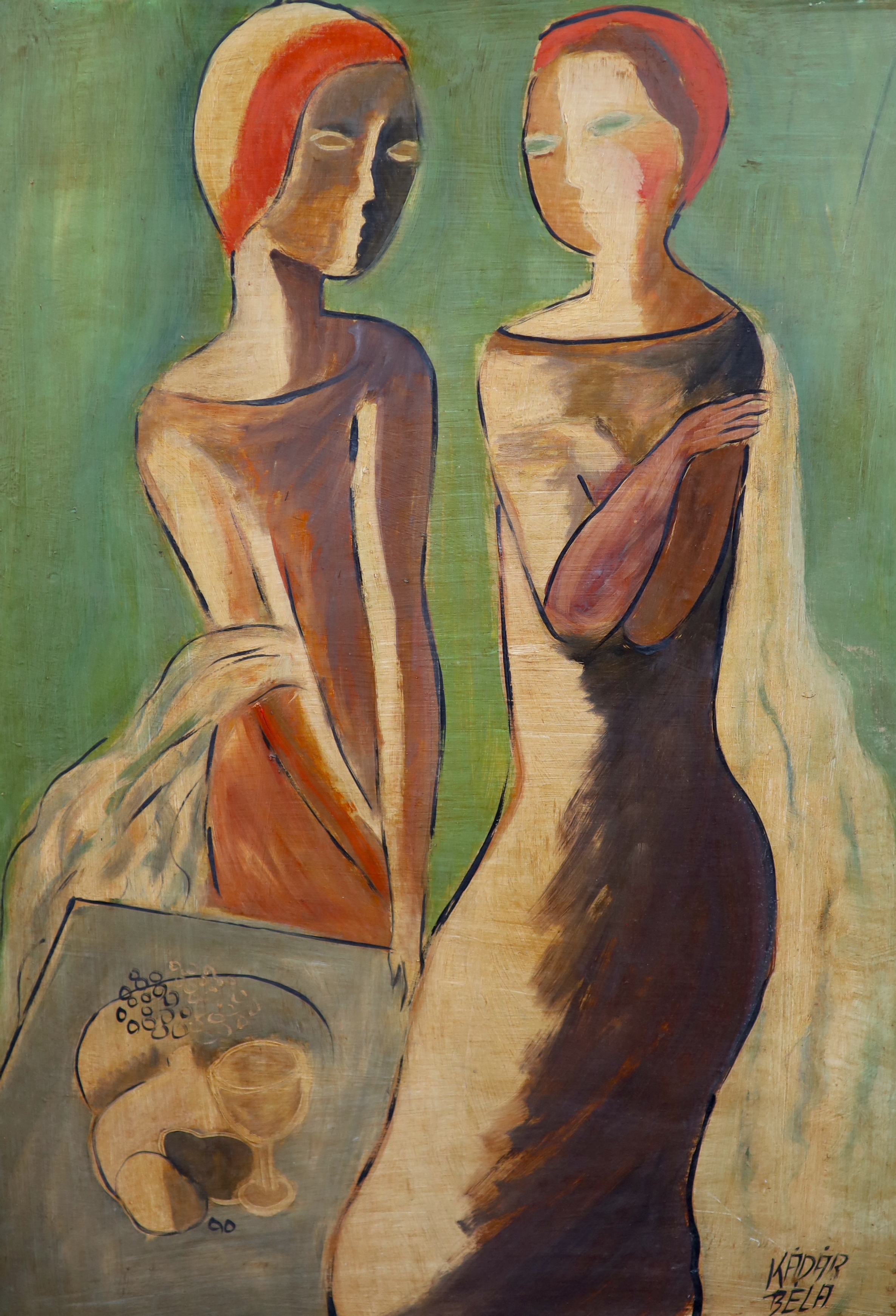 Béla Kádár (Hungarian, 1877-1955), Two women in conversation, oil on board, 72 x 51cm